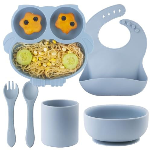 Set Pappa Svezzamento Bambini 6 Pezzi,Silicone Piatto con Ventosa Ciotola Tazze Cucchiaio Forchetta Bavaglino,Antiscivolo Vassoio 100% senza BPA,Set Pappa Prima Neonato Sicurezza Lavastoviglie,Blu