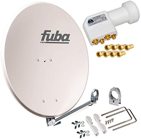 hb-digita & Fuba 80cm Satellitenantenne DAL 800G grau Aluminium Schüssel Reflektor Spiegel Klapparm + HB-DIGITAL Quad LNB 4 Teilnehmer UHD weiß + vergoldete F-Stecker