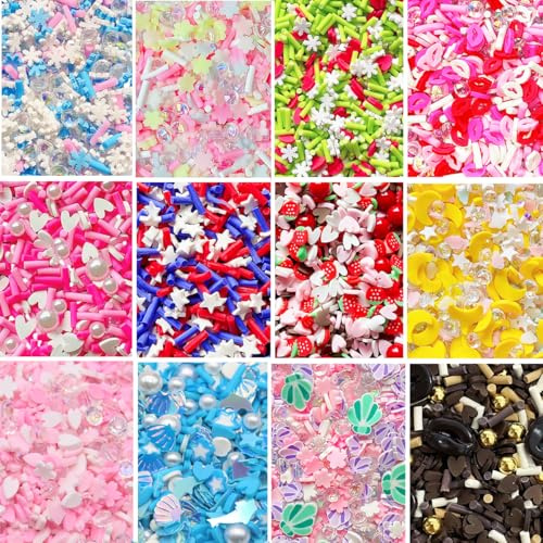 EHOPE Lot de 120 g de faux saupoudres de résine - Saupoudres d'argile polymère pour nail art, loisirs créatifs, gâteaux, coque de téléphone (tranches d'argile + sucre + zuan + 12 C-120 g