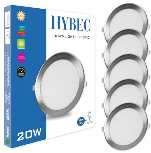 HYBEC - Downlight LED Techo Empotrable Níquel, 20W, Foco Interior, Driver Incluido, Luz Neutra 4000ºK (Pack 5)