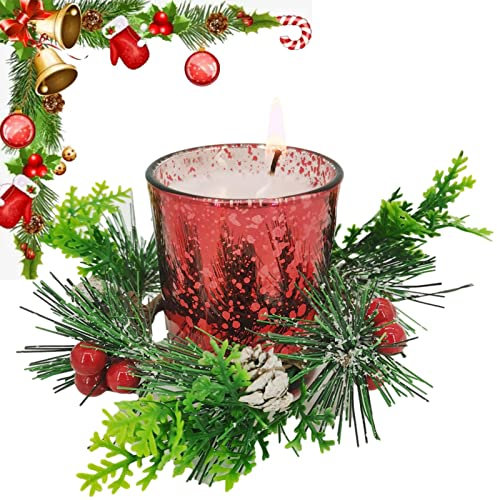 Teksome Weihnachtsvotive,Votivkerzenhalter aus Glas | Home Decor Grüne Tannenzapfen und rote Beeren Sorgen für eine weihnachtliche Stimmung auf dem Schreibtisch und beim Essen