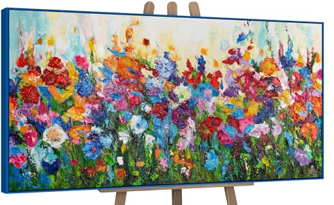 YS-Art Abstrakt Acryl Gemälde auf Leinwand Blumige Farben handgemalt Wandbilder Wohnzimmer modern Wohndekor Bild Blumen Weide Wiese bunt echte Kunst 100x50 cm