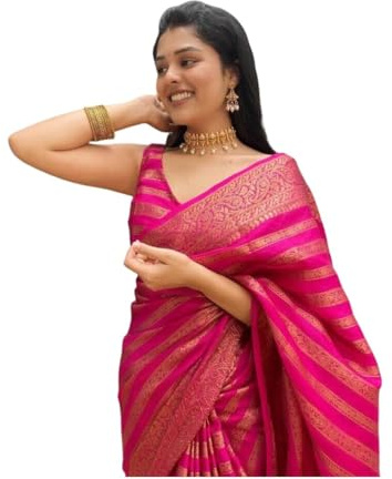 Yashika Dam fin Banarasi Kanjivaram konst silke sari med blusdelar|| AZ-YS-OG-ASHOKA-P, Mörk rosa, One Size
