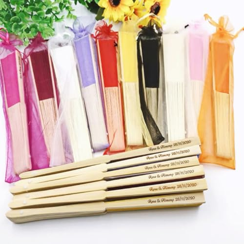 Faltbarer Handfächer mit Gravur, Hochzeitsgeschenke für Gäste, individuelles Logo, Geburtstagsparty-Geschenke, mit Organza-Beutel (70 Stück)