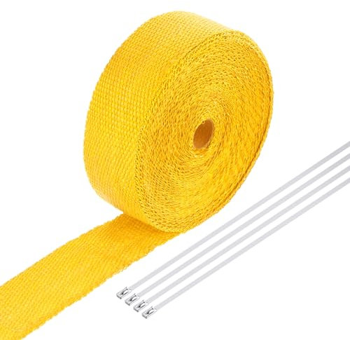 QUARKZMAN Cinta de Envoltura de Escape de Fibra de Vidrio, 2 x 50' Amarillo para Colectores de Calor con 4 Bridas de Acero Inoxidable para Hot Rods y Motocicletas