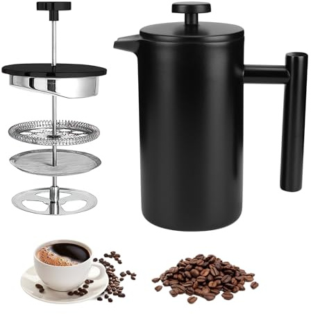 Palmcee French Press Coffee Maker, 350ML Stainless Steel Cafetiere with Spoon Double-Walled Insulated Coffee Measuring for 1-3 Cup, Easy to Clean, French Press for Home and Office