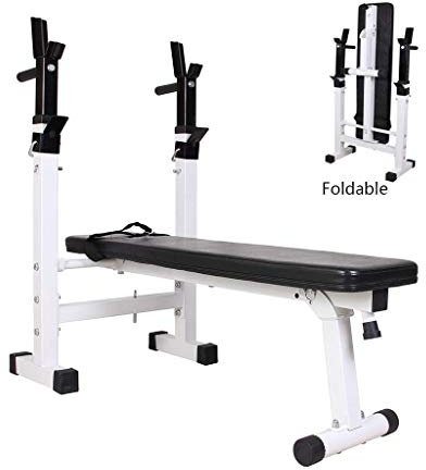 KOOFUR Hantelbank, Trainingsbank, Heim-Fitnessstudio-Übungen, zusammenklappbarer Hanteltisch, Langhantelablage zum Gewichtheben, Bett, zusammenklappbarer Kniebeugenständer für d