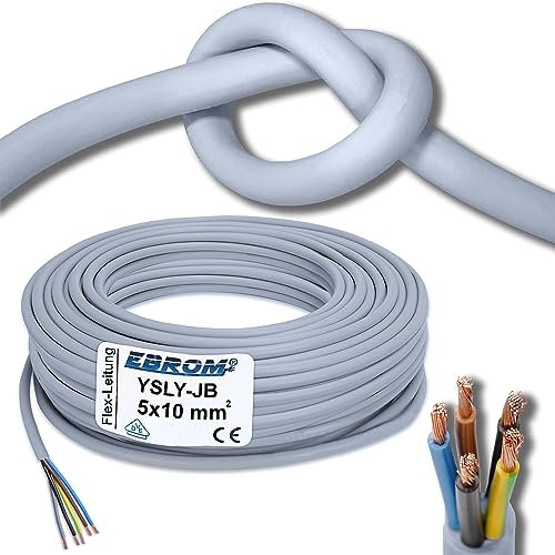 15 Meter flexibles YSLY-JB 5x10 mm² hochflexibles Verlegekabel grau, 5-adrig: braun, blau, grün/gelb, grau + schwarz - u.a. für Wandladestation, E-Auto Ladebox Anschluss zur Ladestation, 5x10 mm2