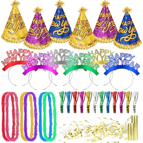 DPKOW 31pcs Colorido Sombreros Diadema Guirnalda Flecos Sopladores, Feliz Año Nuevo Conos Sombreros Hairbands Props, Año Nuevo Serpentinas Metálicas, Decoraciones de la Fiesta de Nochevieja