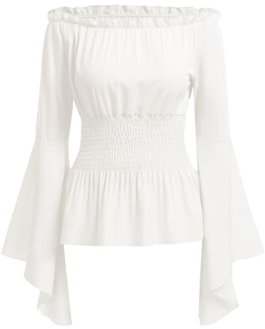 ABEHIK Damen Mittelalter Gothic Oberteil Kostüm Langarm Renaissance Trachtenbluse Shirt Falten Ärmelstulpe Korsett Bluse Off Shoulder Top