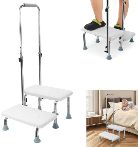 yoakaiax 2 Step Stool with Handle for Elderly, Heavy Duty 2 Step Stool for Adults Elderly Step Stools for Adults, Foot Stool for Bedside, Kitchen, Car, Bathtub, Safely Supports up to 352 Pounds White