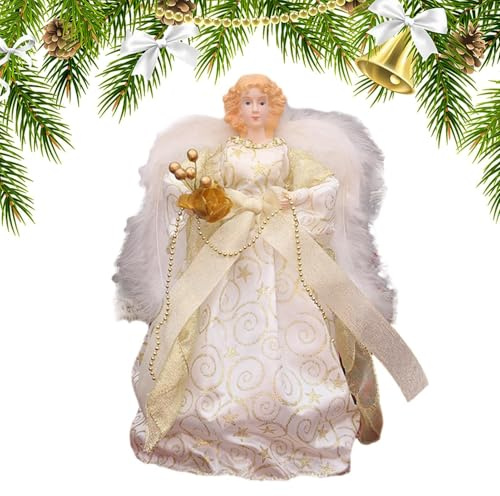 Weihnachtsbaum – Engel oben am Weihnachtsbaum, Engelsfigur | Christbaumspitzen-Dekoration, stehender Weihnachtsengel mit Federflügeln, für Baumschmuck