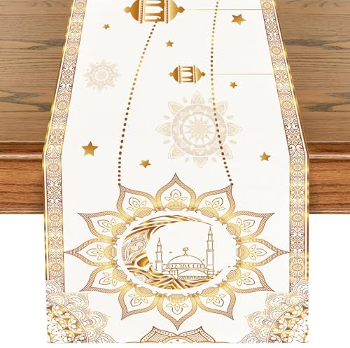 Chemin de Table EID, Blanc Or Chemin de table EID avec D'étoiles de Lune, Chemin de Table Décorations Eid Mubarak pour Décorations Table Ramadan, Décoration Umrah Mubarak, EID Mubarak 33 x 180 CM