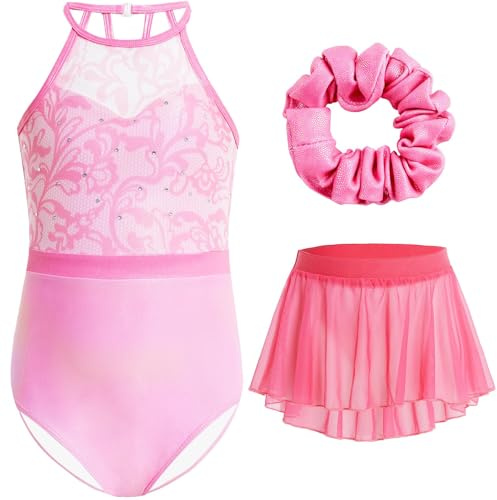 Gogokids Girls 3 PCS Halter Gymnastics Set, Kids Gymnastics Leotard with Rhinestone & Mesh Floral Design, Sparkling Ballet Unitards Includes Leotard, Chiffon Skirt & Hair Tie Gymnastics Gifts for 5-6
