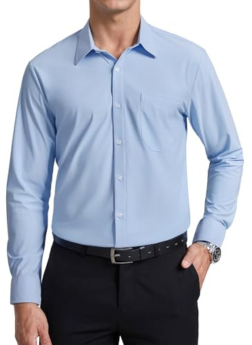 Enlision Herrskjorta, långärmad, stretch, strykfria affärsskjortor, normal passform, enfärgade fritidsskjortor, bröllop, kostymskjorta med ficka, blå, 4XL