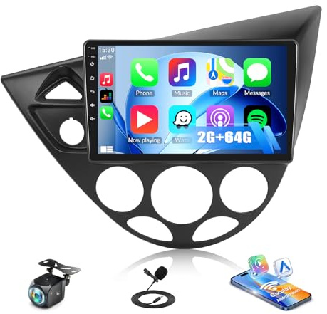 para Ford Focus MK1 C170 1998-2005, 2G+64G CAMECHO Carplay Radio Coche para Ford Focus MK1 C170, Pantalla Táctil de 9 Pulgadas con Mirror Link GPS WiFi Bluetooth FM/RDS EQ Cámara Trasera&Mic