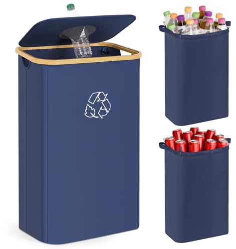 CFGUK Recycling Bin for Kitchen, 26 Gallon 100L Indoor Home Recycle Bin with Lid and 2 Removeable Reusable Inner Bags, for Bottles, Cans, Glass, Plastic & Stickers, Blue
