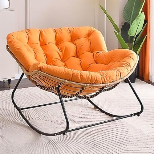 Ergonomischer Outdoor-Schaukelstuhl mit dickem Kissen, für drinnen und draußen, Rattan-Geflecht, Loungesessel für Wohnzimmer, Schlafzimmer und Lesezimmer (Orange)