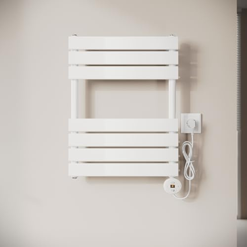 SONNI Badheizkörper elektrisch 650x400mm Weiß mit WIFI Smart Heizstab 400 Watt, Flach Handtuchheizkörper elektrischer handtuchheizkörper mit Smartes Heizelement für Badheizkörper APP-Steuerung