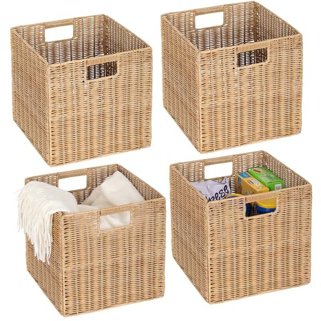 TAIMEI&G02 4er-Set Kallax Expedit Regal Korb/Kallax Korb Geflochten / 30,5 x 30,5 x 30,5H cm/Plastik Regalkorb/Faltkorb Flechtkorb/Regalbox Storage Box/Aufbewahrungskorb Regalkorb Faltbar
