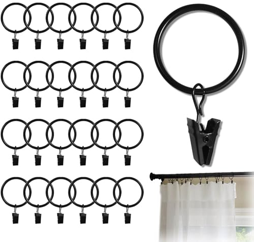 25 Stück Gardinenringe mit Clips,Metall Vorhangringe mit Clips,Curtain Rings 32mm Innendurchmesser,Vorhang Clips,Gardinenringe zum Öffnen für Fenster Tür Duschvorhänge Wäscheleine (Schwarz)