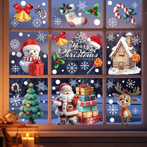 Fensterbilder Weihnachten Selbstklebend, Weihnachtsdeko Fenster Selbstklebend, Große Fensterbild für Kinder, Aquarell Weihnachtsdeko für Weihnachten Fenster, Weihnachtsmann Weihnachts Fensterbilder