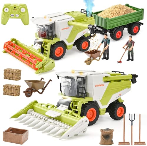 LTFIOON Mietitrebbia RC 2-in-1 Telecomandata, Giocattolo Mietitrebbia con Luce, Suono e Funzione Spruzzo, Accessori per Scenario Fattoria, Giocattolo Bambini 3-8 Anni