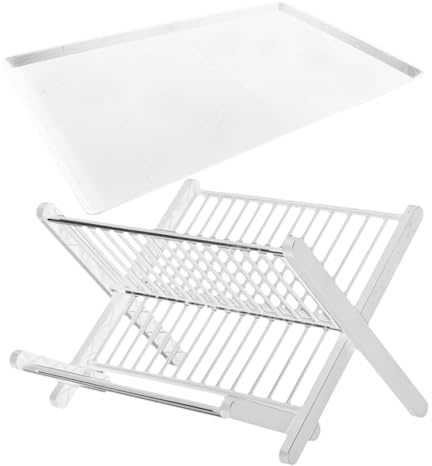 White Folding Dish Drainer Dish Drying Rack Kitchen | PP and Stainless Steel, Compact Reusable Design, Kitchen and Restaurant Use with Drip Tray