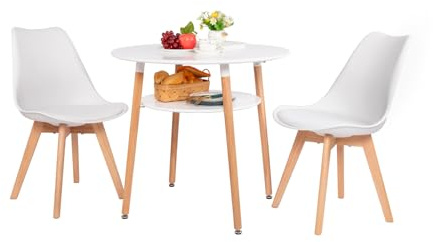 LafeuR Esstisch Rund mit 2 Stühlen Essgruppe, Essgruppen 80cm Kleiner Tisch mit Ablagefach und Esszimmerstühle Set für Küche, Wohnzimmer, Balkon (Weiß Küchentisch+2 Weiß Stühle)