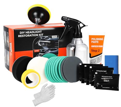 GEAREVER Scheinwerfer Aufbereitung Set 23-tlg Polierpaste Klarsicht | Sprühflasche, Schleifscheiben, zur Verbesserung der Sichtbarkeit und Sicherheit, für Auto KFZ, Restaurierung, UV-Schutz