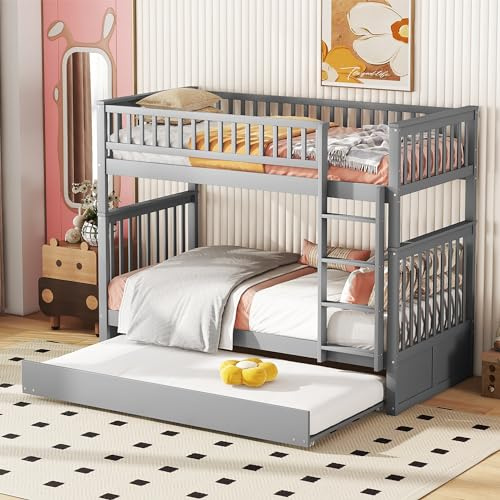 Litera con cama nido y escalera, madera maciza de pino MDF, cama alta con barandilla, cama triple extraíble, ahorra espacio, estable, duradera, diseño moderno
