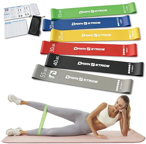 DawnStride 6-Levels Resistance Exercise Loop Bands Set – Elastic Workout Bands for Yoga, Strength Training, Physical Therapy – Guide, Fitness Card & Carry Bag