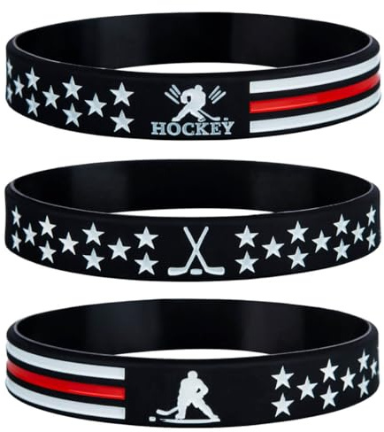 Sainstone Hockey Silicone Motivational Wristbands with Thin Red Line American Flag, Ice and Field Hockey Bracelets for Men Women Athletes Teens Sports Party Cheer Gifts Supplies Favors (Unisex)