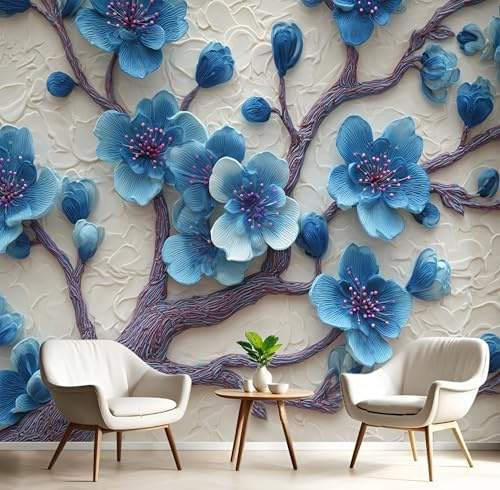 Carta da Parati Panoramica Stile Rilievo 3D 150L × 105A cm Carta da Parati Fotografica in Seta 3D Motivo Di Fiori Di Ciliegio Blu Poster Gigante Murale