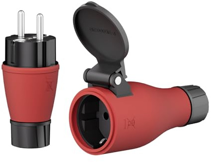 Temolink Schuko Stecker & Kupplung Set IP54, 250V Wasserdicht, Gummi & Kunststoff, Rot/Schwarz