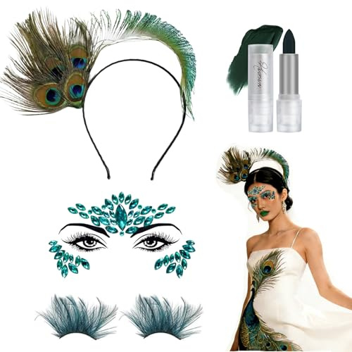 YDUNARISE 4er Pfau Accessoires Damen,mit Pfau Kopfschmuck,Grün Glitzersteine Gesicht,Wimpern Federn,Grüner Lippenstift,Karneval Schminke (Grün-A)
