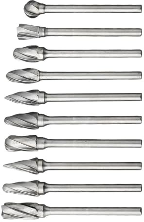 Gettimore Carbide Rotary Burrs Set 10pcs, Single Tungsten Carbide for Aluminum, Wood, Plastic Grinding Ball and Inverted Cone Shapes, for Most Rotary Tools