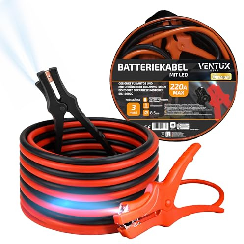 Starthilfekabel 3 m 220 A – Mit LED und Tasche Isolierte Klemmen | Reines Kupfer – Bis -10 Grad einsatzfähig – Nylontasche – RoHS-konform
