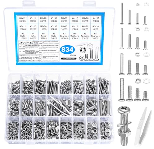 834 Pcs M3 M4 M5 M6 Bolts Set, Assorted Nuts and Bolts Assortment, Stainless Steel Round Head Machine Screws Set, Pan Head Screws Bolt and Nut and Washers Sets