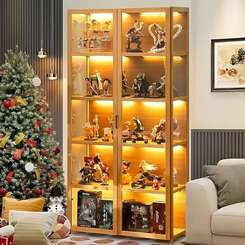 Scribora Standvitrine mit Acrylglas, 5 Böden Glas Vitrinenschrank, Dreiseitiger Transparenter Geschirrschrank, Bücherschrank mit Türen, für Wohnzimmer,Schlafzimmer,Büro (Doppeltür braun)