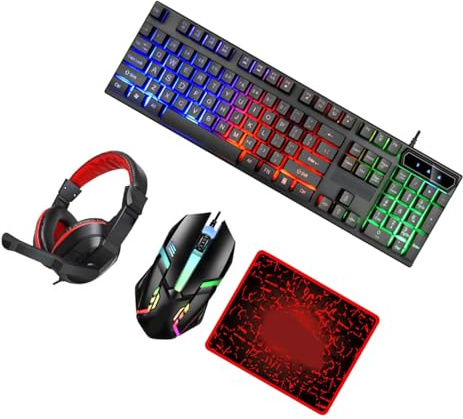 POPETPOP Combo de Teclado y Ratón para Gaming Cable Retroiluminado LED Único, Auriculares y Alfombrilla Bordes Cosidos, Material Abs, 104 Teclas, Color Negro