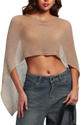 HAWILAND Stickad Poncho Kvinnor Sexig Transparent Mesh Topp Elegant Sjal för Kvällsklänningar Festival Rave Party, Aprikos, S