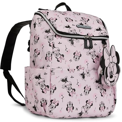 Disney Diaper Bag Backpack with Changing Pad Minnie Mouse – 16” Nylon Baby Bag for Parents, Insulated Bottle Holders, Multiple Storage Pockets