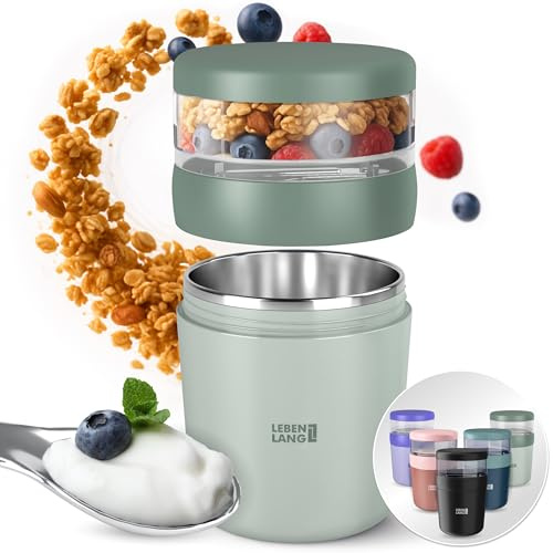LEBENLANG Porta Yogurt Con Cucchiaio - 650ml & Parete interna isolante inox | Porta Yogurt Bambini Contenitore Yogurt Port a Yogurt E Cereali Contenitori Per Yogurt Porta Pranzo Cereal Cup
