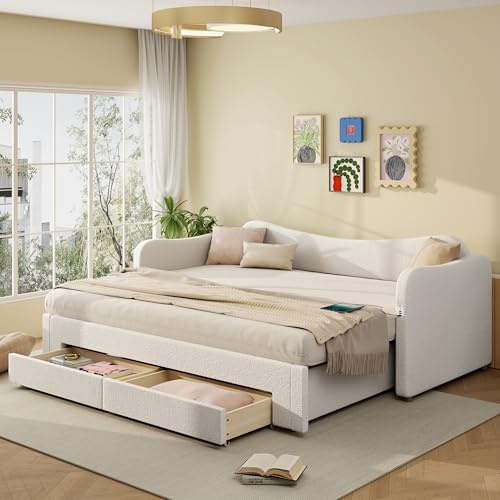 Xwiny Polsterbett Schlafsofa 90x200 cm mit USB-Anschluss, Tagesbett mit Ausziehbett und Schubladen, Lattenrost aus Holz, Beige, Samt, (Ohne Matratze)