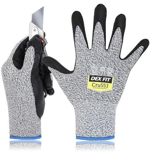 DEX FIT Guanti antitaglio Cru553 Livello 5, presa sicura Power Grip, vestibilità comfort 3D professionale, sottili & leggeri, traspiranti, compatibili touchscreen; Grigio 9 (L) 1 Paio