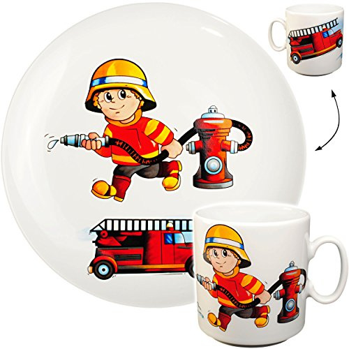 alles-meine.de GmbH 2 TLG. Set großer Teller/Kinderteller + Henkeltasse - Feuerwehr - Feuerwehrmann & Feuerwehrauto - aus Porzellan/Keramik - Tasse - Speiseteller/Frü..