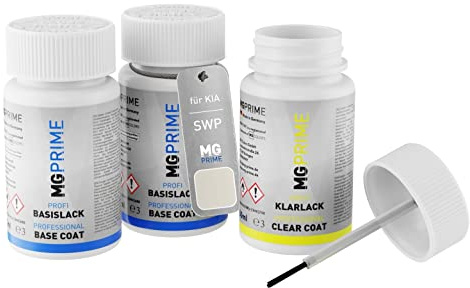 MG PRIME Autolack Lackstifte für KIA SWP Snow White Pearl + Klarlack | Schneeweiss Perleffekt, Set aus Grundlack + Basislack + Klarlack, Lackfläschchen mit Pinsel, je 50ml