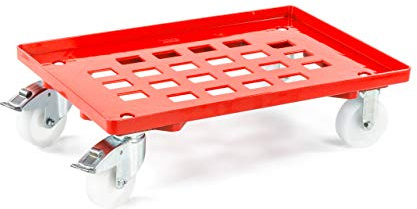 aidB Transportroller für Euroboxen mit 2 Lenk- und 2 Bremsrollen aus Kunststoff, Rot, 600x400 mm, Fläche gerastert, Rollwagen zum Transport von Kisten, Praktischer Kistenroller