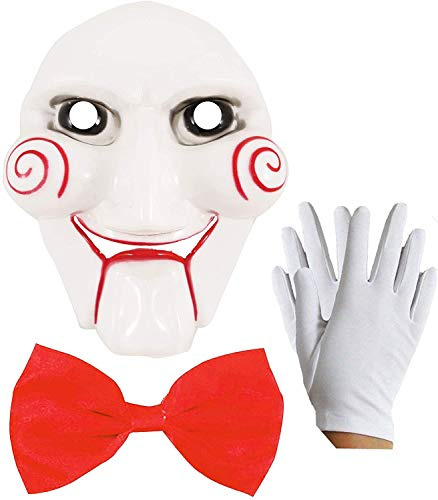 FNA FASHIONS® Halloween Saw Party Billy Puppet Mask Gloves Bow Tie 3 Pcs Fancy Dress Set